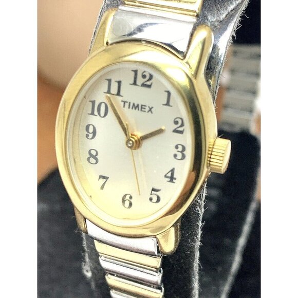 Timex Women's Watch T2M570 Quartz Oval Petite Two Tone Steel Expansion Band - Picture 1 of 13